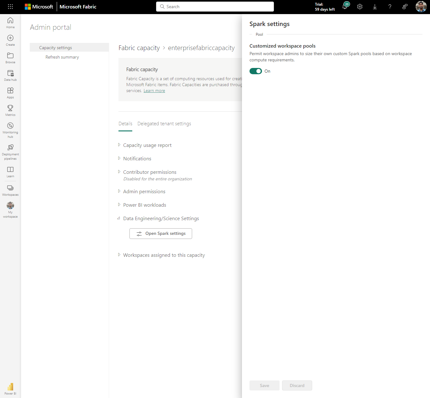 Screenshot showing different sections in spark compute settings.