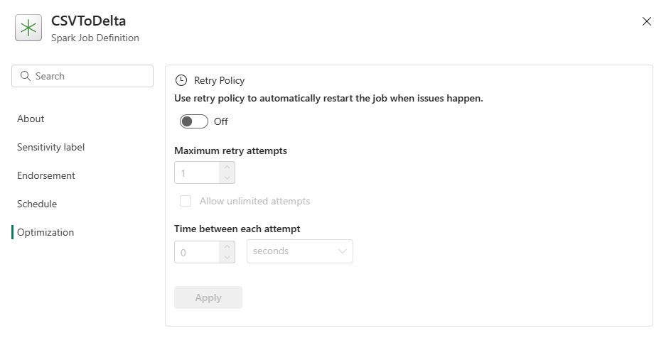 Screenshot showing where to set up retry policy.