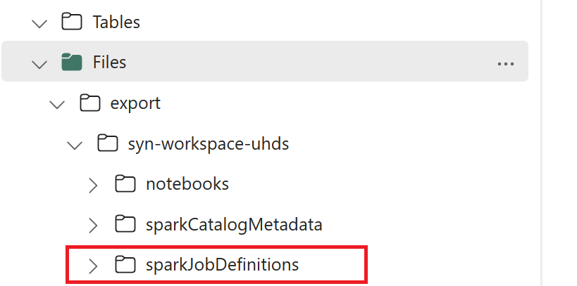 Screenshot showing Spark job definition export in OneLake.