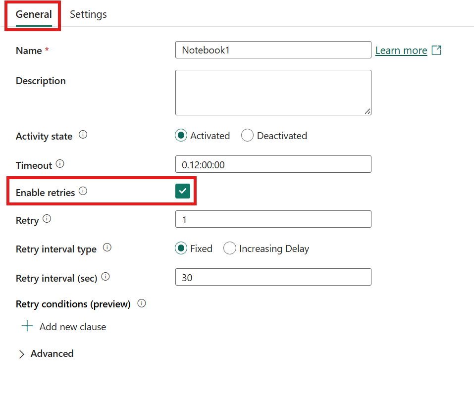 Screenshot showing the retry settings in the General tab of an activity's properties pane, including Enable retries highlighted, Retry count, Retry conditions, and Retry interval.