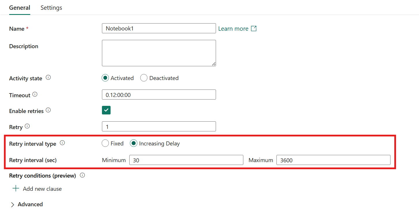 Screenshot showing the retry interval setting set to the increasing delay interval type in the General tab of an activity's properties pane.