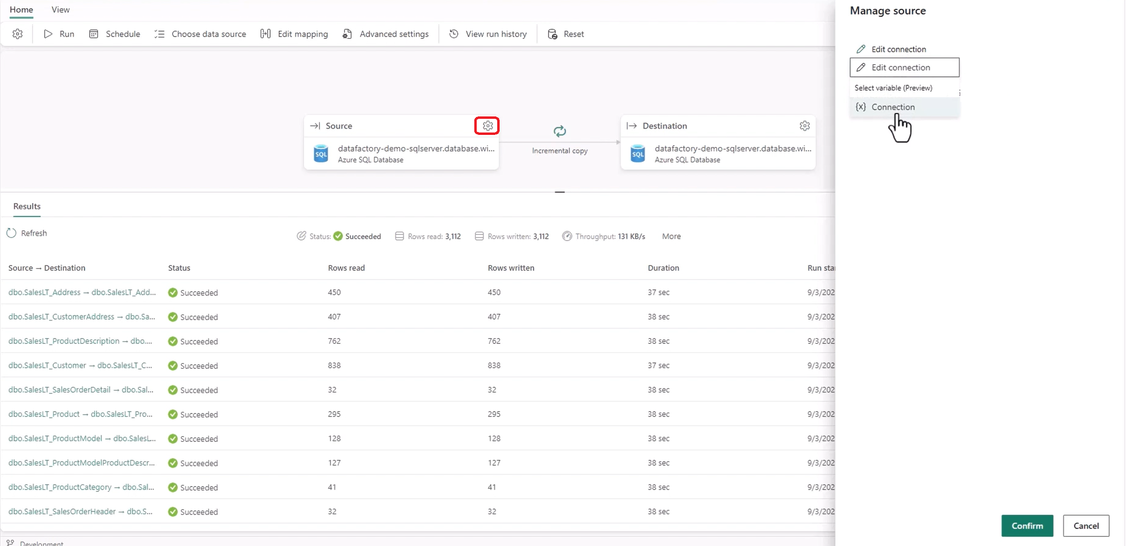 Screenshot of selecting Variable library for Copy job.