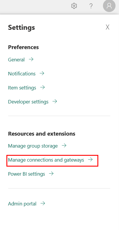Screenshot showing how to open the manage gateway resource.