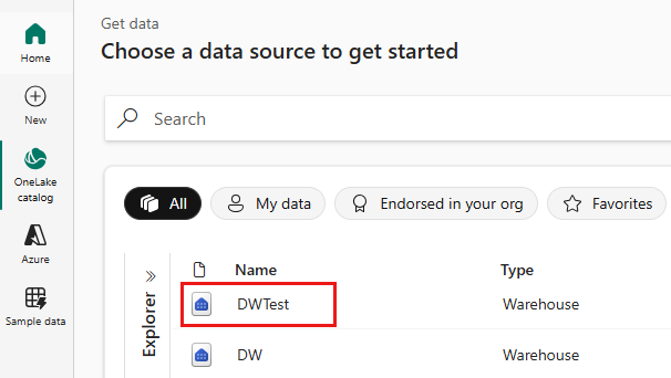 Screenshot of selecting Data Warehouse in OneLake section.
