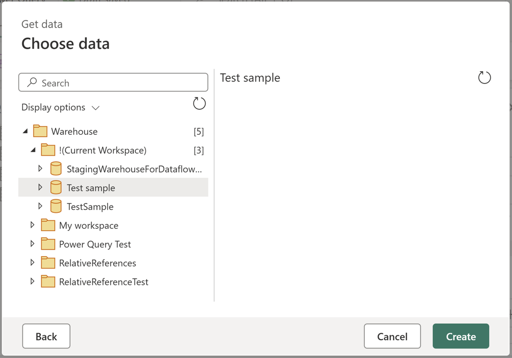 Screenshot of the navigator showing the !(Current Workspace) node for the Fabric Warehouse connector