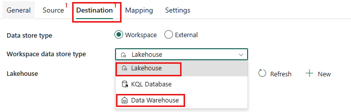 Screenshot showing lakehouse and data warehouse destination tab.