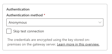 Screenshot showing the Anonymous authentication method for ODBC.