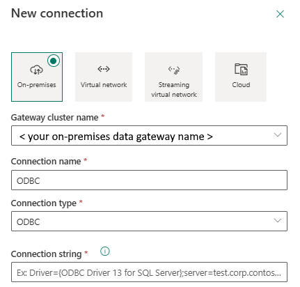 Screenshot showing the connection setup for ODBC.