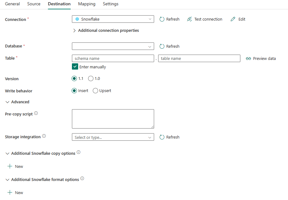 Screenshot showing Destination tab.