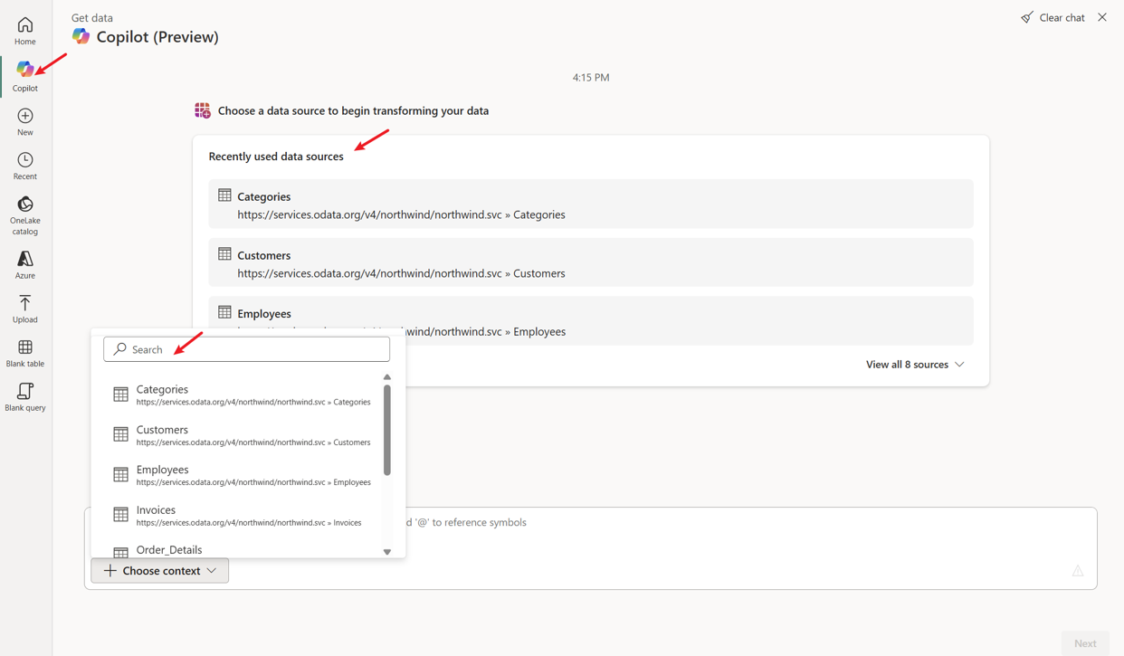Screenshot of recently used data sources in Copilot.