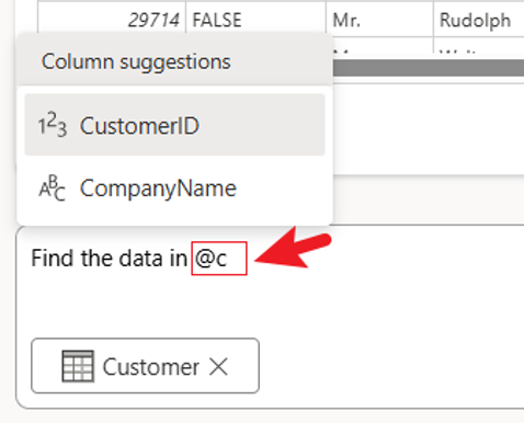Screenshot of quickly viewing available columns.