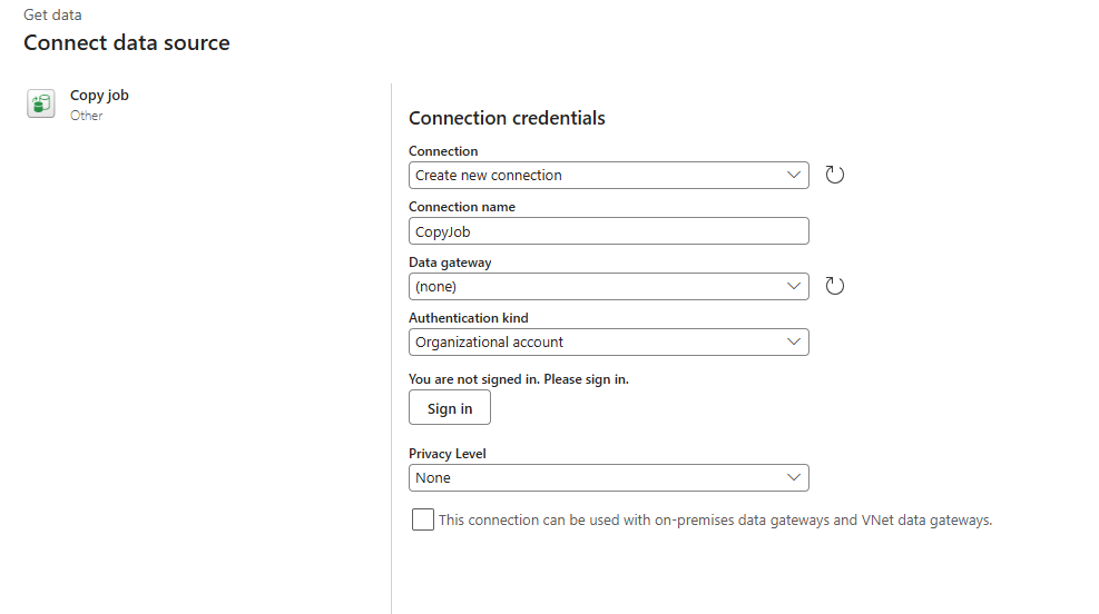 Screenshot of connect to Copy job.
