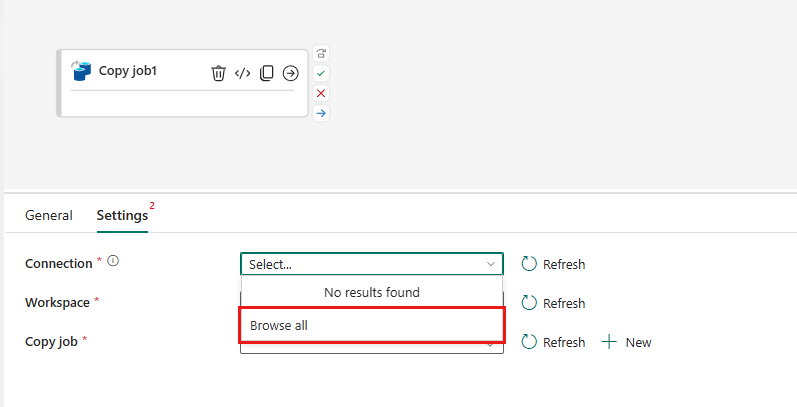 Screenshot of select Copy job activity connection.