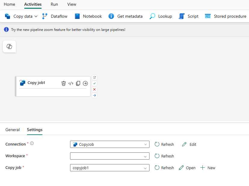 Screenshot of pipeline settings showing Copy Job item selected and '+ New' button visible for creating a new Copy Job item.