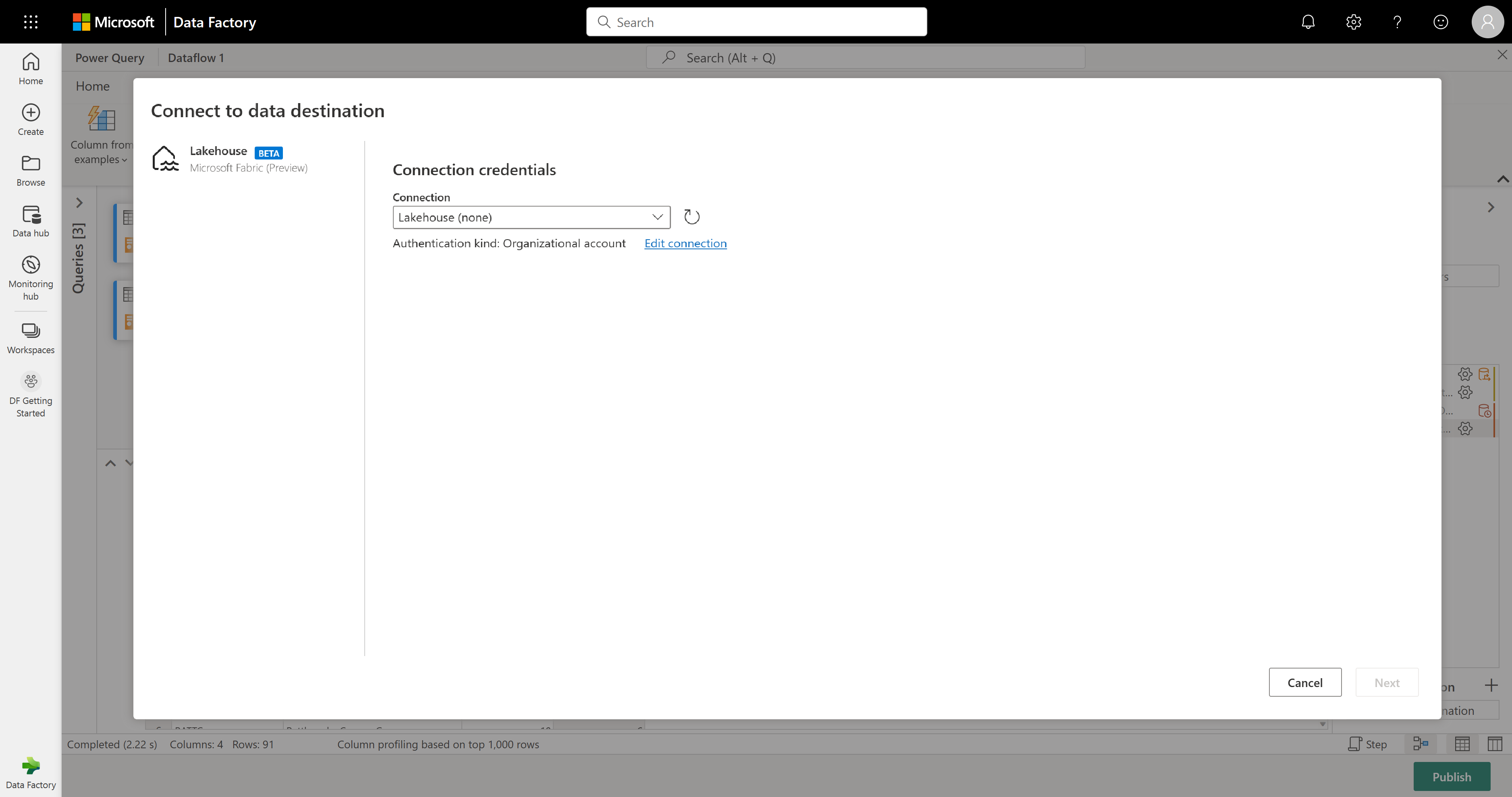 Screenshot of the Connect to data destination window with Azure SQL database selected.
