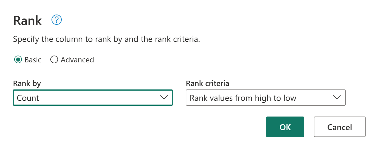 Screenshot of the Rank window with all default settings displayed.