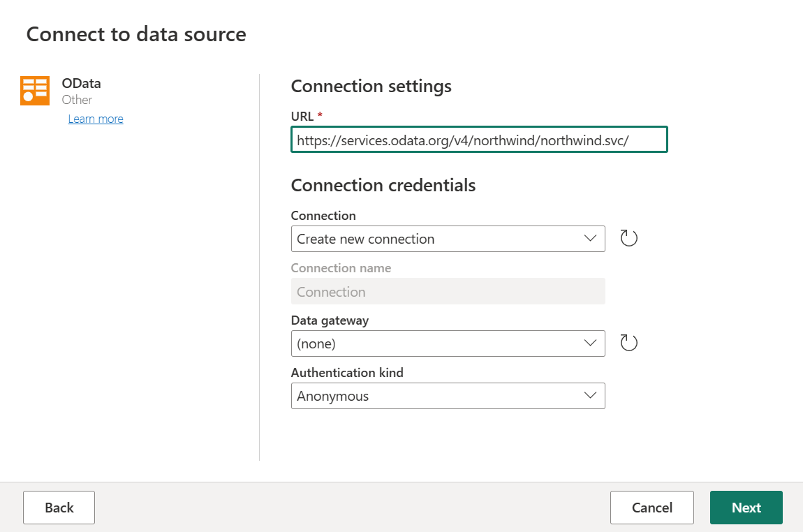 Screenshot of the OData data source where you enter the data URL.