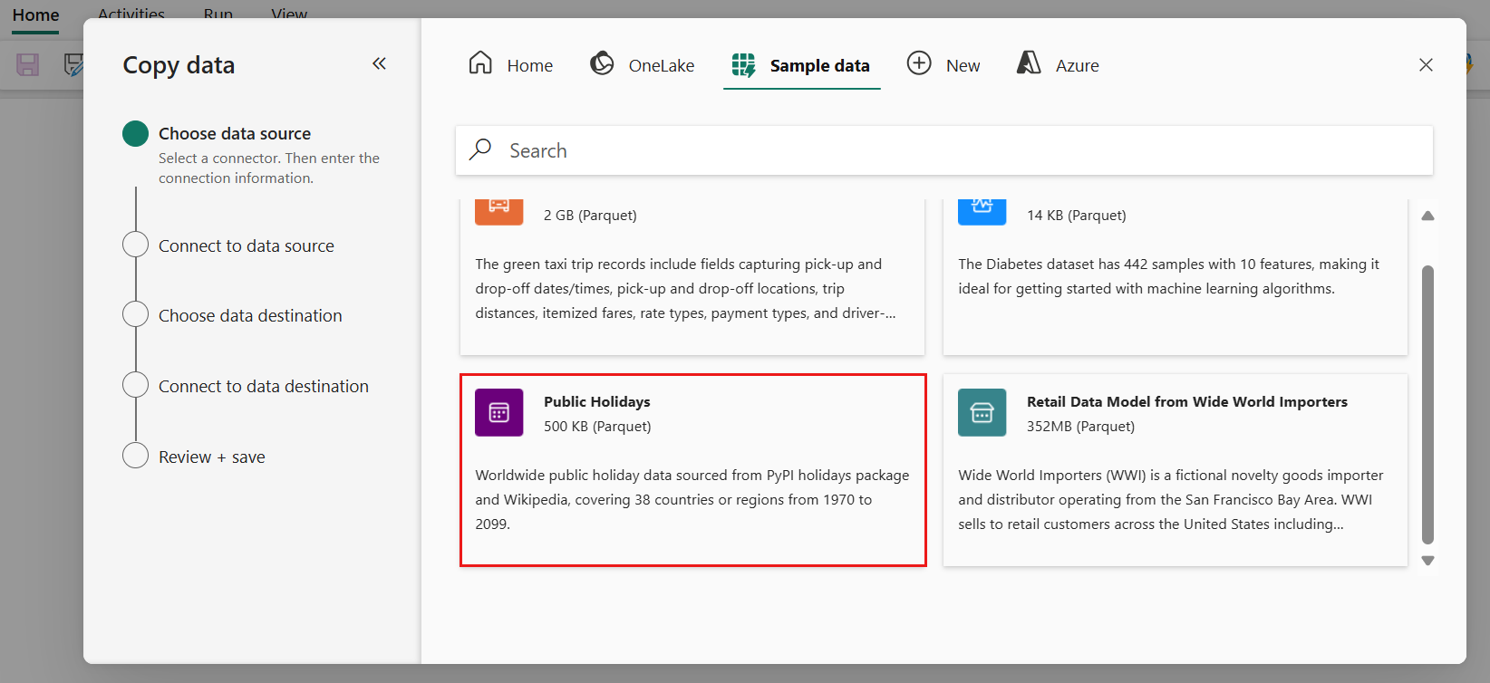 Screenshot showing the Choose data source page of the Copy data assistant with the Public Holidays sample data selected.