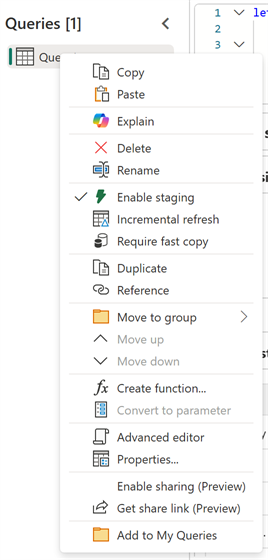 Screenshot of the Dataflow Gen2 query menu with Add to My Queries, Enable sharing, and Get share link.