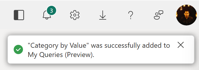 Screenshot of a notification confirming that a query was saved to My queries.
