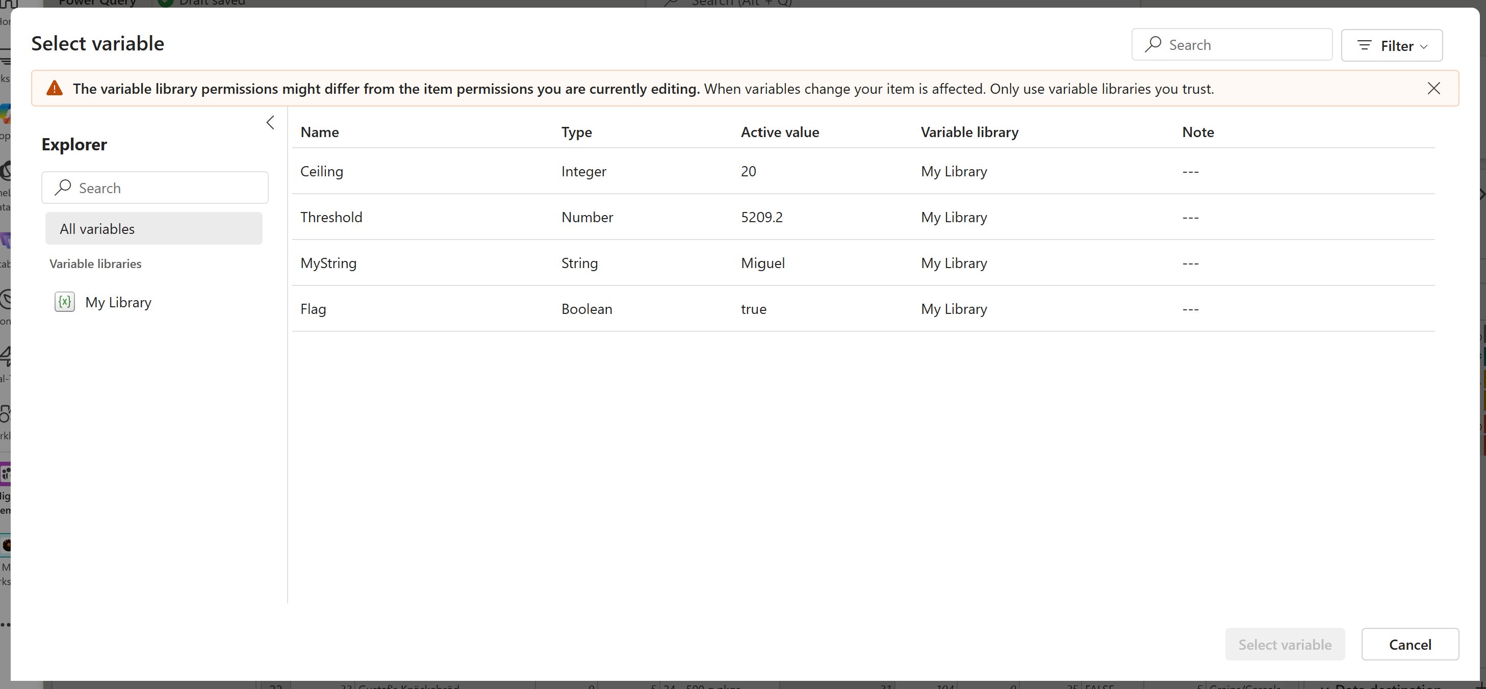 Screenshot of the select variable dialog that displays all available libraries and variables in the current workspace.