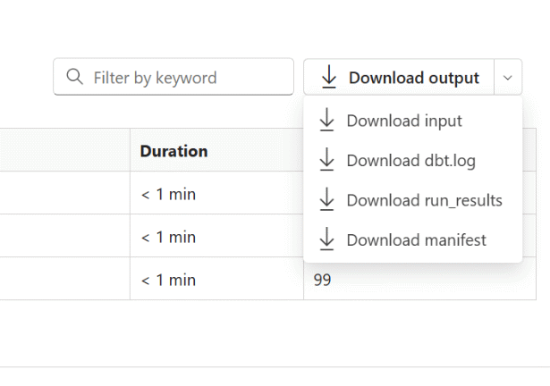 Screenshot of the download option for the output.json file in Microsoft Fabric.