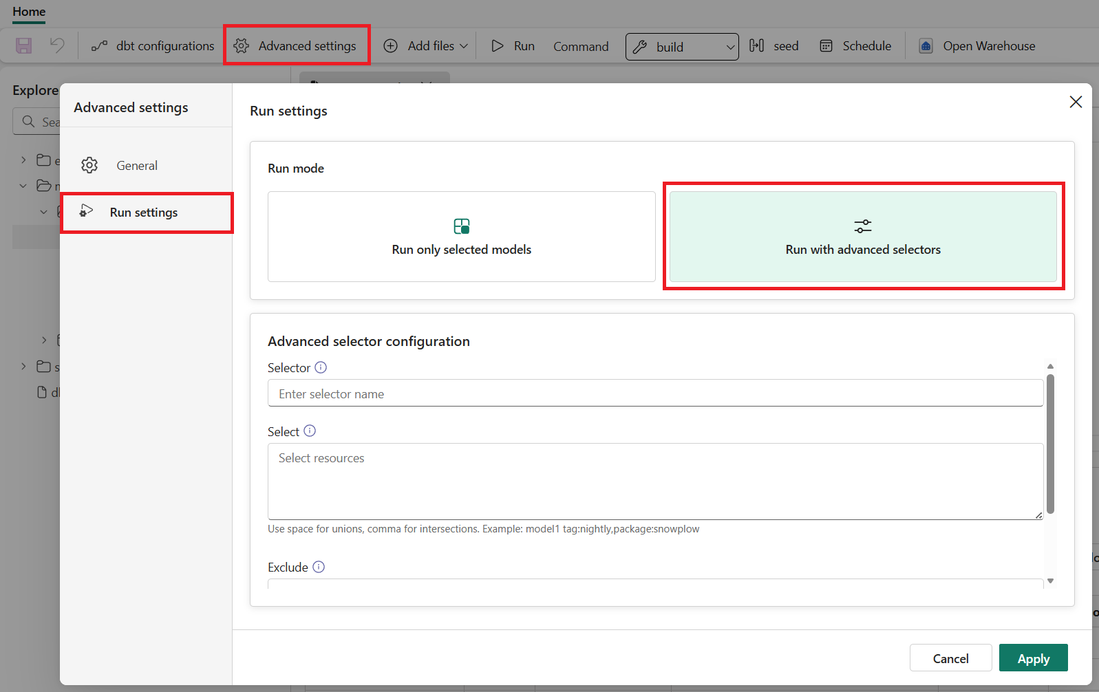 Screenshot showing the advanced selectors option.