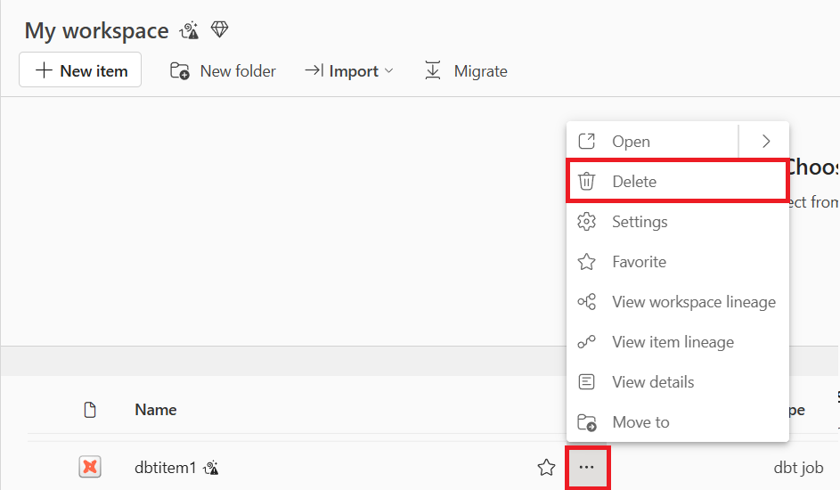 Screenshot showing the more options menu to delete the dbt job from your workspace.