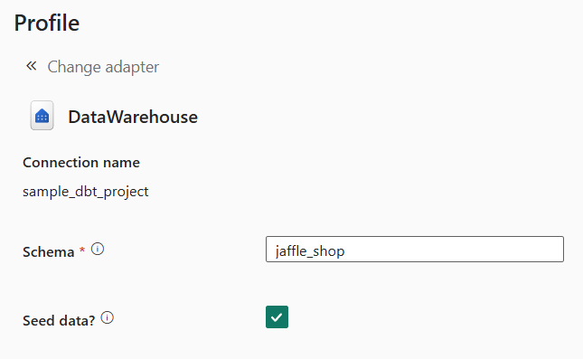 Screenshot showing the Jaffle Shop schema and seed data options.