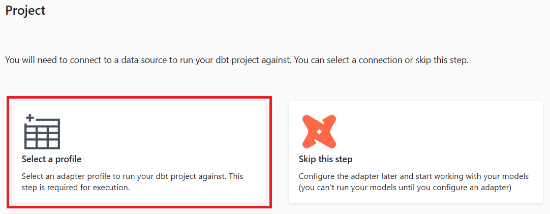 Screenshot showing the profile selection for the Jaffle Shop project.