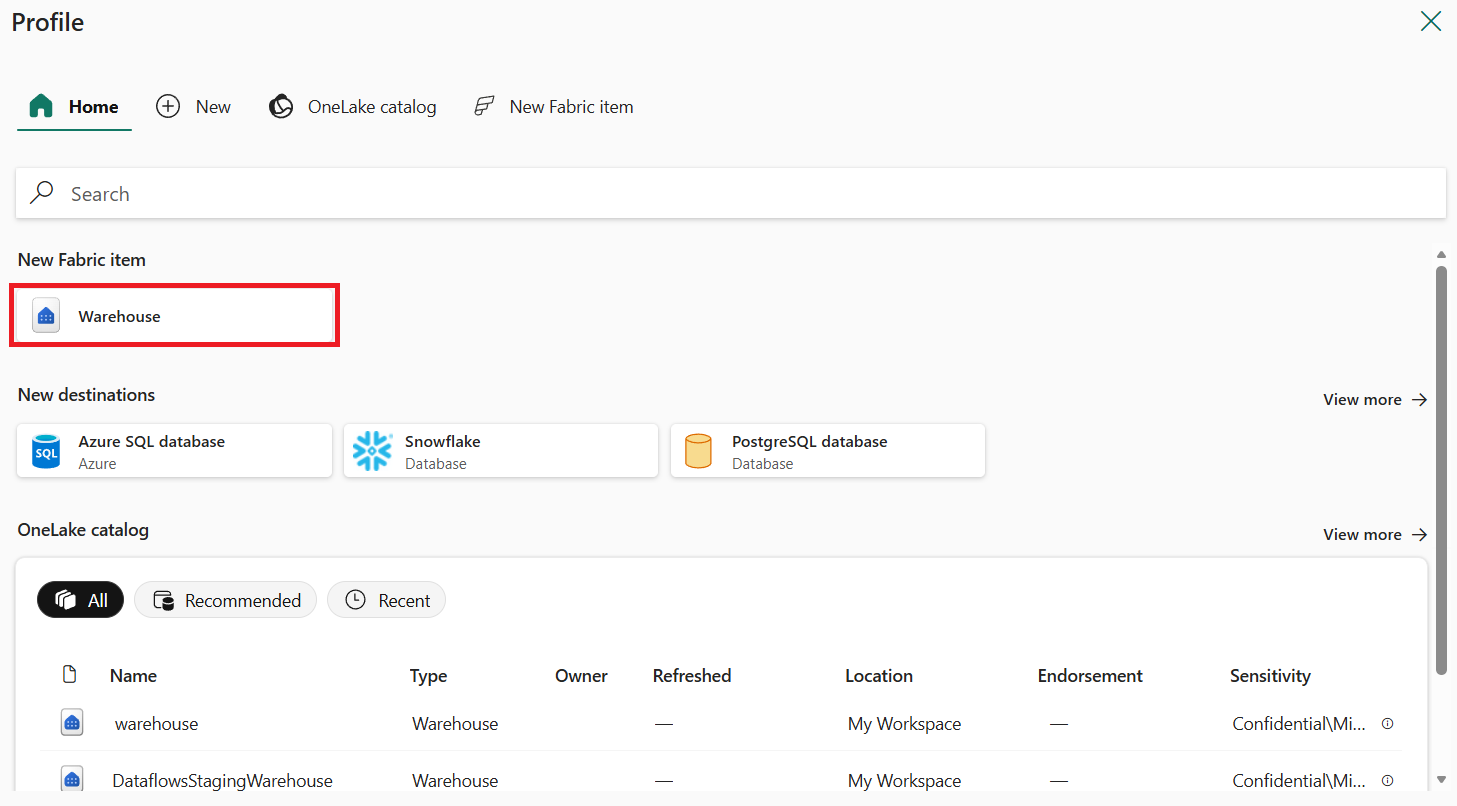 Screenshot showing the Fabric warehouse selection.