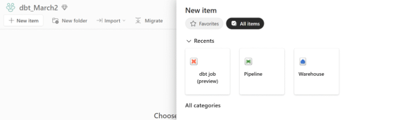 Screenshot of the new item menu in Microsoft Fabric with the dbt job option.