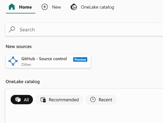 Screenshot of the GitHub source control option in Microsoft Fabric.