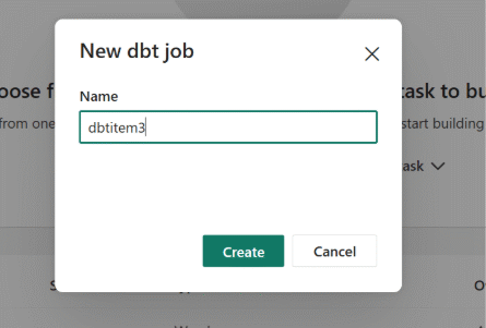 Screenshot of the dbt job naming dialog in Microsoft Fabric.