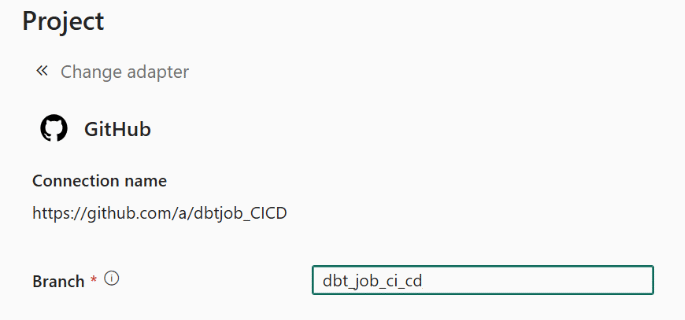Screenshot of the branch selection dropdown for a dbt project in Microsoft Fabric.