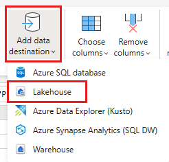 Screenshot showing the Power Query editor with the Add data destination button selected, showing the available destination types.