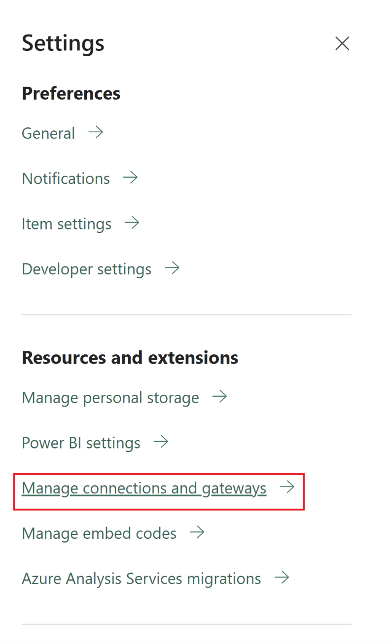 Screenshot showing the Settings menu with Manage connections and gateways highlighted.