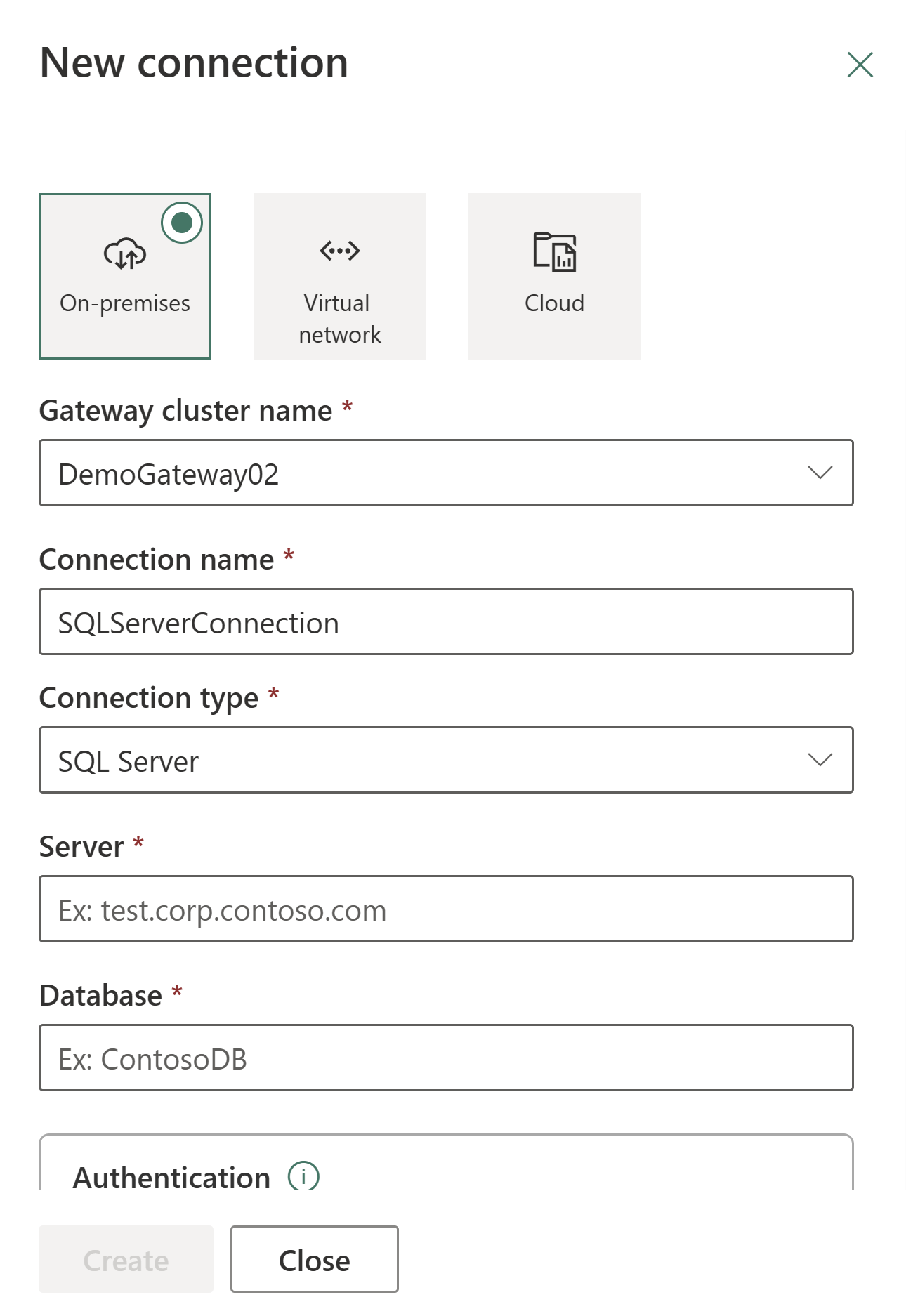 Screenshot showing the New connection dialog with On-premises selected.