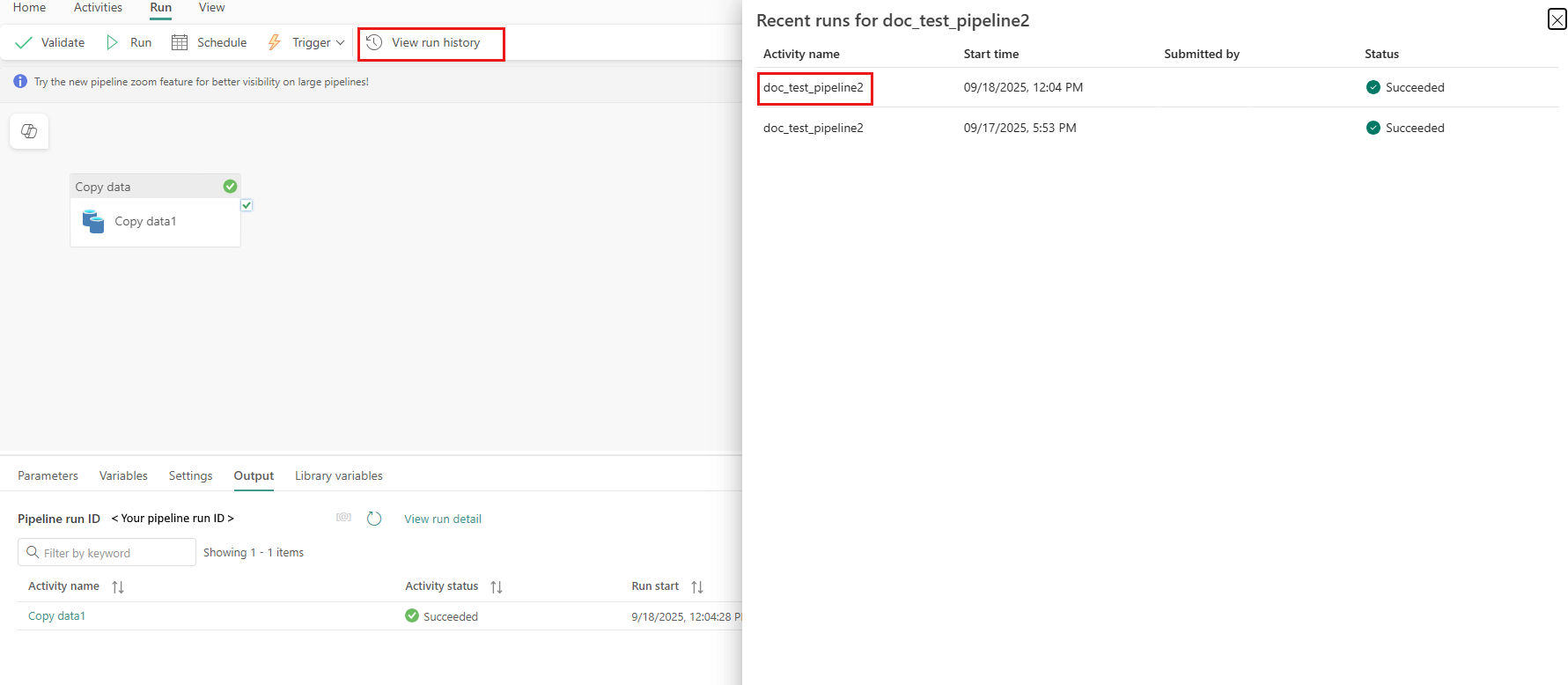 Screenshot of pipeline view run history.