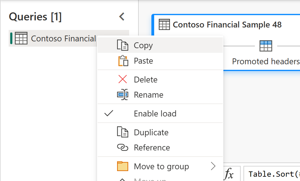 Screenshot showing the Power Query workspace with the Contoso Financial Sample query selected and the copy option emphasized.