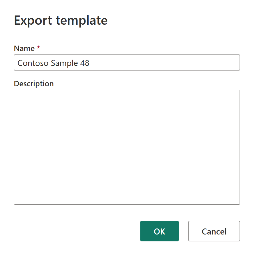Screenshot showing the Export template dialog box, with Contoso Sample 48 entered in Name.