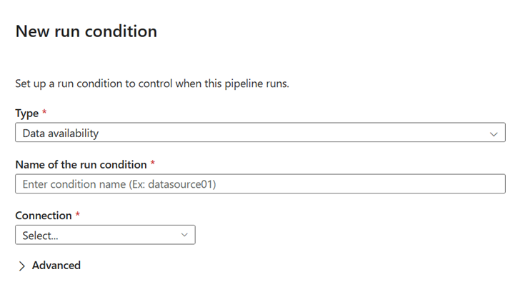 Screenshot of the data availability run condition settings, including the condition name and connection.