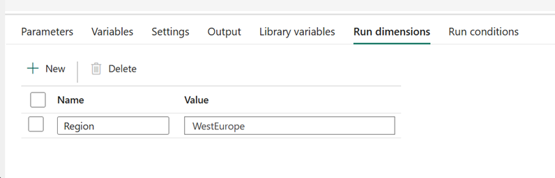 Screenshot of a pipeline run dimension named Region with the value WestEurope.