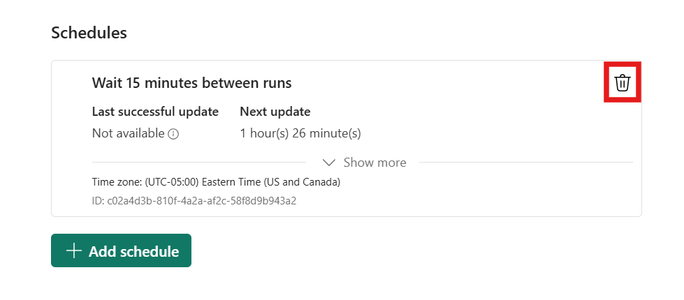 Screenshot showing the delete button can be found next to the interval-based schedule.