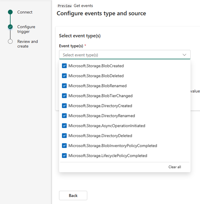 Screenshot showing the Configure events type and source page of the trigger configuration dialog.