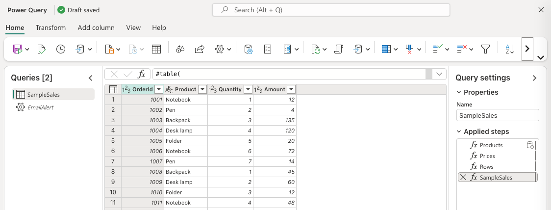Screenshot of the SampleSales preview with four typed columns and the generated EmailAlert action listed in Queries.