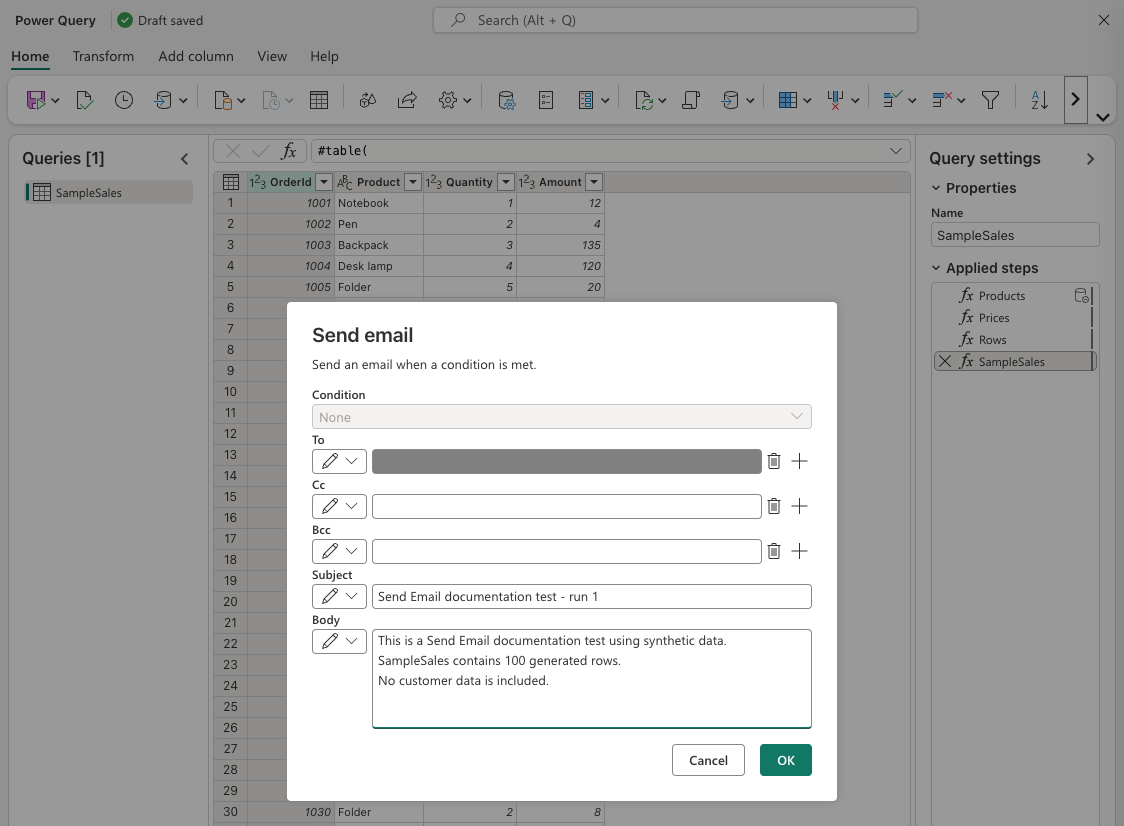 Screenshot of the Send email dialog with Condition disabled, a redacted recipient, empty Cc and Bcc, and the plain-text test message.