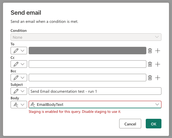 Screenshot of the Send email dialog warning that staging is enabled for EmailBodyText and must be disabled, with the recipient redacted.
