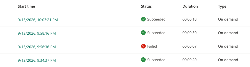 Screenshot of the Refresh history showing the failed staged-query test, successful inline M test, and successful named-query retry after disabling staging.