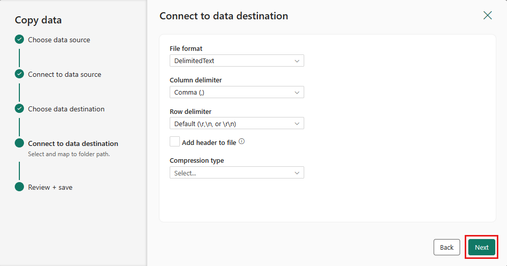 Screenshot showing the configuration options for the file in Azure Blob Storage.